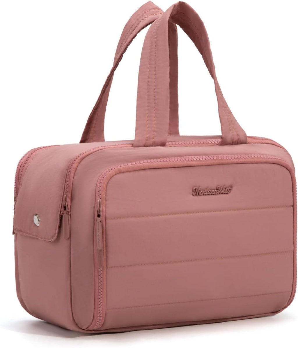 Montana West Travel Toiletry Bag Large Capacity Travel Bags Soft Dark Pink Makeup Organizer Lightweight Puffy Cosmetic Bag with Waterproof Compartment