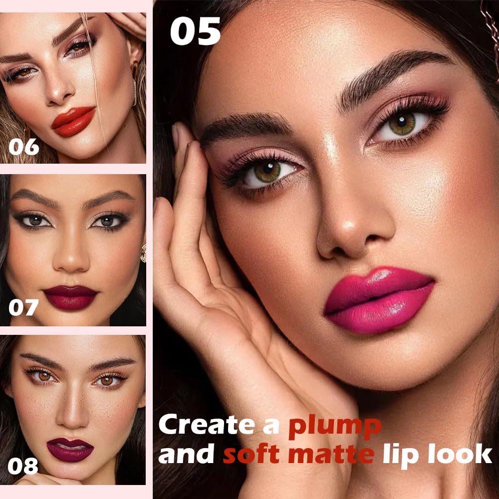 4Pcs Matte Lipstick Set for Women, Hot Pink Orange Red Maroon Plum Purple LIpstick Lip Balm, Long Lasting Waterproof Transfer-Proof Vegan Lip Gloss Products Makeup All-Day Formula SetA02