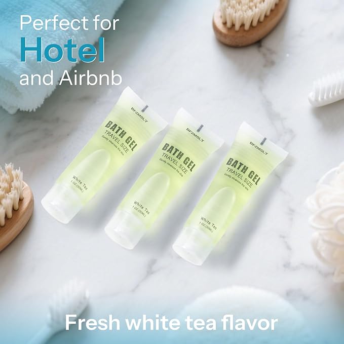 30 Pack Bulk Travel Size Body Wash, 1oz Tubes, White Tea Scent, Mini Shower Gel for Hotel Guests, TSA Approved Toiletries, Individually Sealed for Airbnb, Vacation Rentals