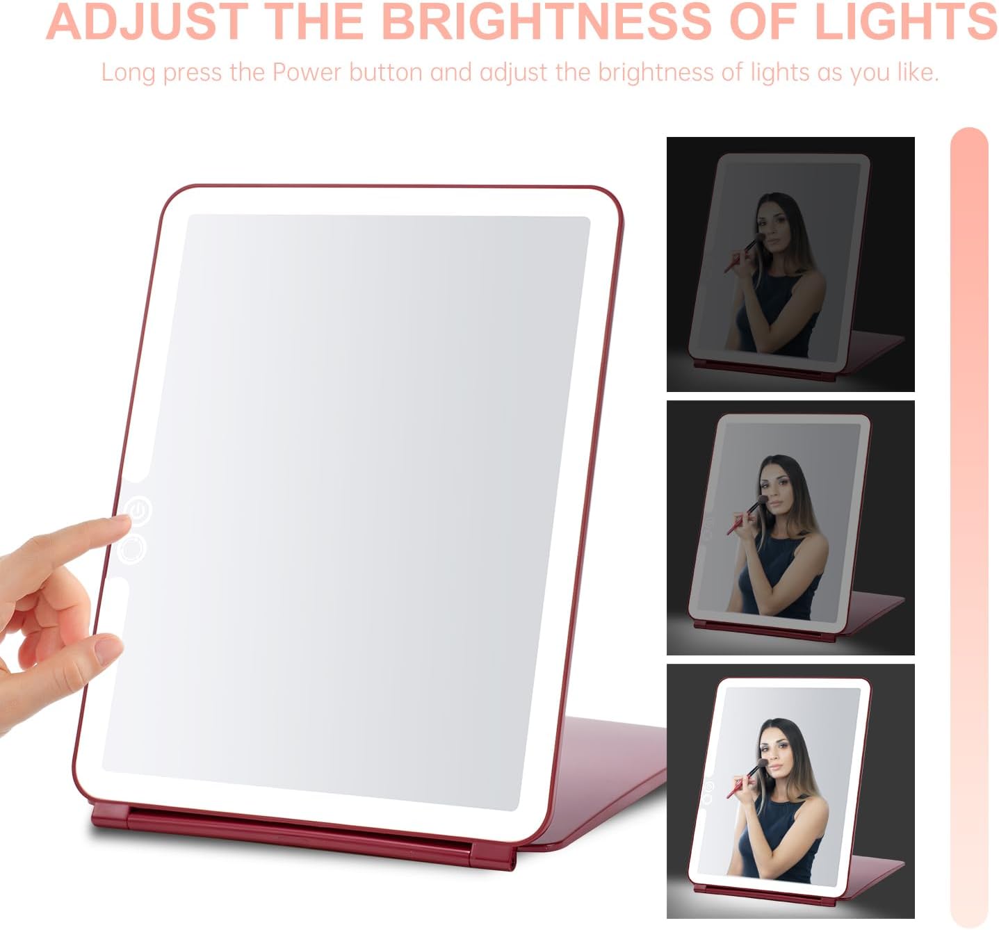 Mocado LED Travel Makeup Mirror, Rechargeable Vanity Mirror with Lights, Portable Mirror with Lights - 7x9 inches, 3 Colors Light, Foldable, Dimmable Touch Screen, Travel Essential (Wine Red)
