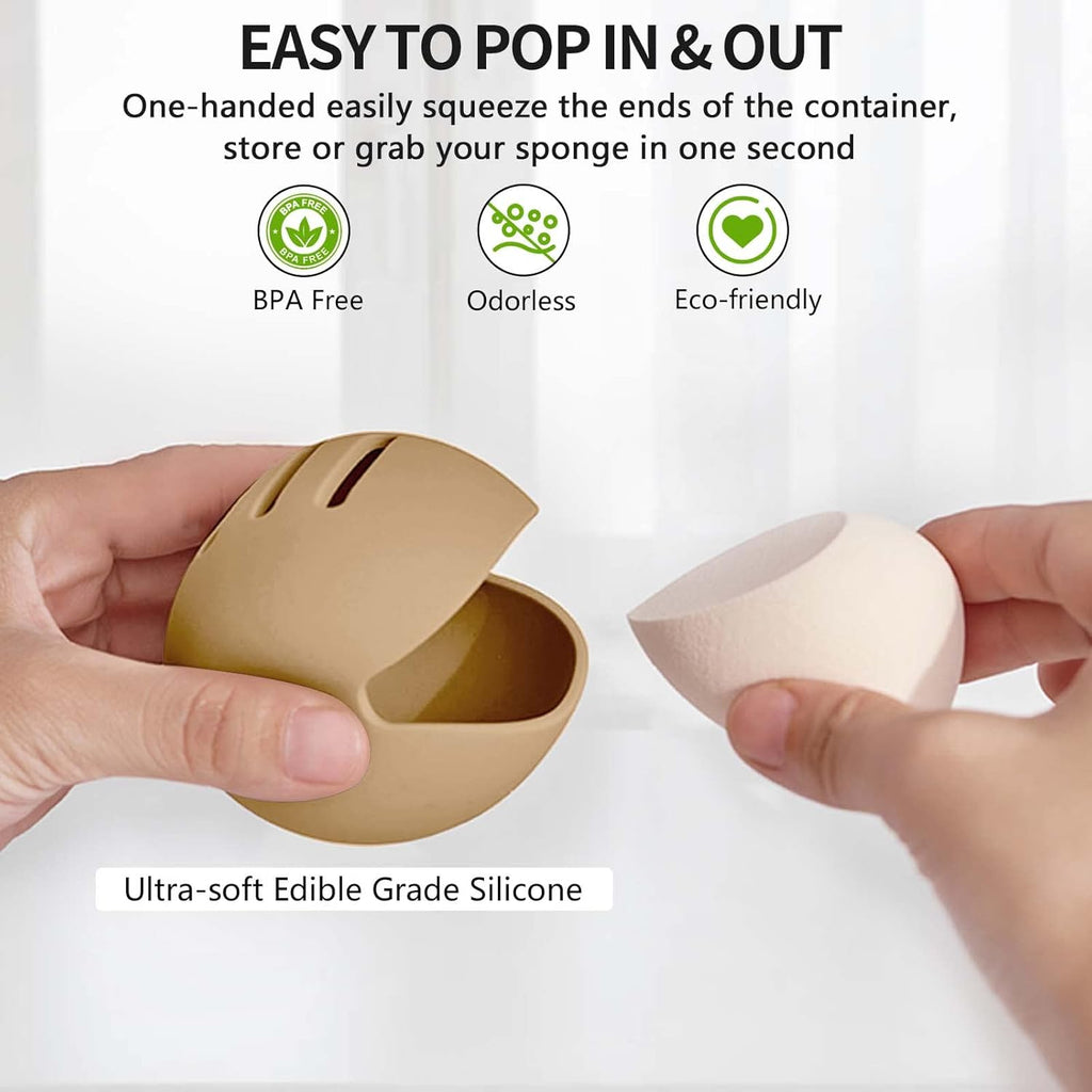 Makeup Sponge Holder, Dual-Vented Silicone Beauty Blender Holder for Travel, Shatterproof Make Up Sponge Travel Case for All Sponges Sanitary Carry, Khaki*1