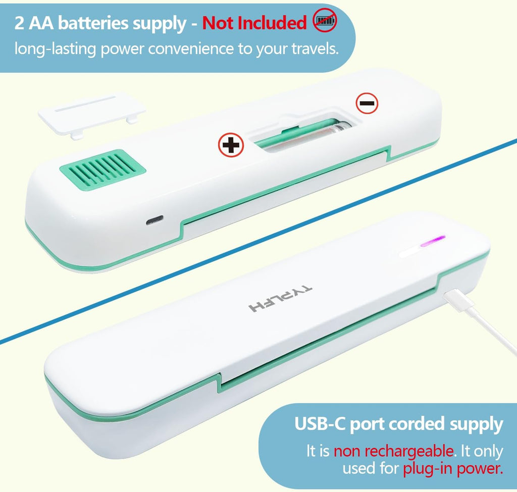 Toothbrush Sanitizer Case, Toothbrush Covers, Portable Toothbrush Travel Holder for Clean and Storage, C Port and AA Batteries Charge, Air Water Filt, Auto-Off, for All Toothbrushes (Green)