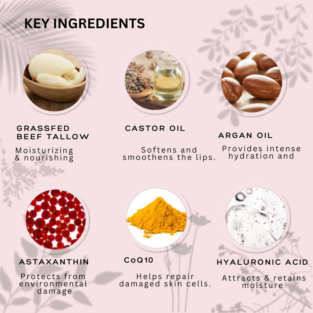 Natural Lip Balm - 100% Grass-fed Beef Tallow, Argan Oil, CoQ10, Astaxanthin, Hyaluronic Acid - Moisturizing, Organic - Made in USA (Cool Rose)