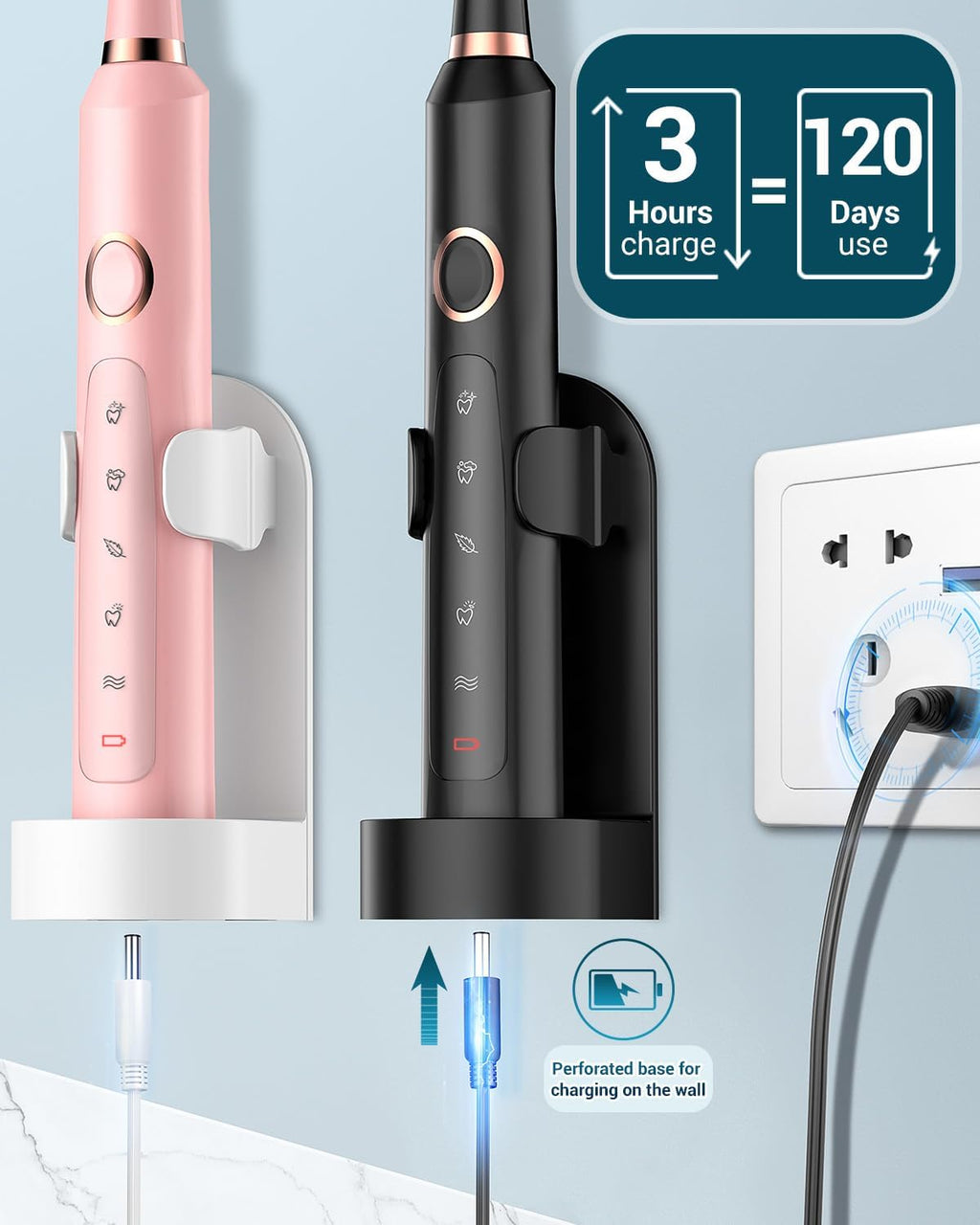 Rtauys 2 Pack Electric Toothbrush for Adults - 2 Rechargeable Electric Toothbrushes with 12 Brush Heads & 2 Travel Case, Power Electric Toothbrush with Holder, 3 Hrs Charge for 120 Days - Black+Pink