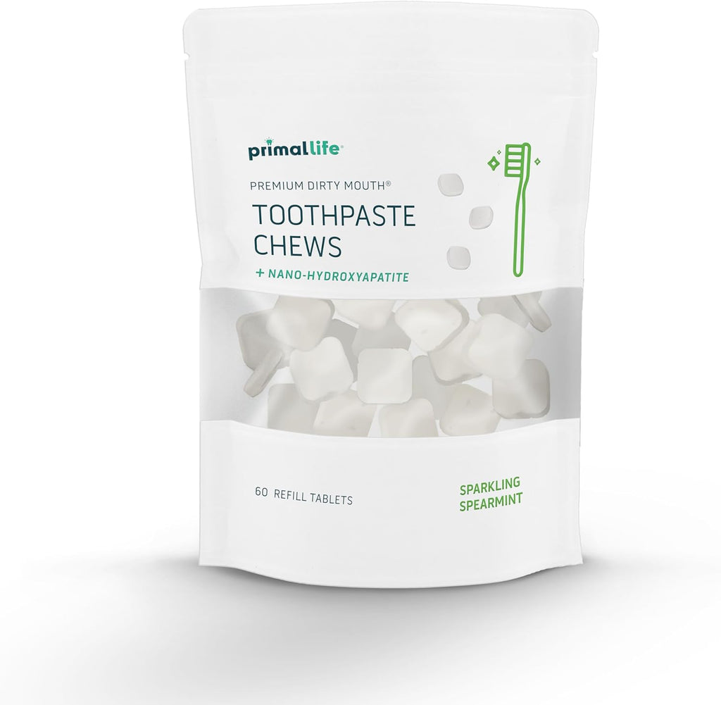 Primal Life Organics Premium Dirty Mouth Toothpaste Chews – Nano-Hydroxyapatite Whitening Toothpaste Tablets for Adults - Gluten Free, Vegan, Paleo - 60 Tablets in Bag - Sparkling Spearmint