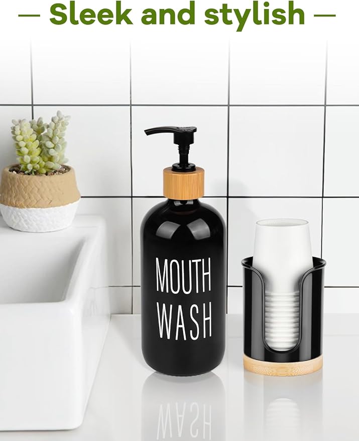 Bathroom Cup Dispenser - Small Cup Holder for Dixie 3 oz Bathroom Cups, Mouthwash Cups, 3 4 Ounce Cup Dispenser - PC/Bamboo, Black, Pack of 1