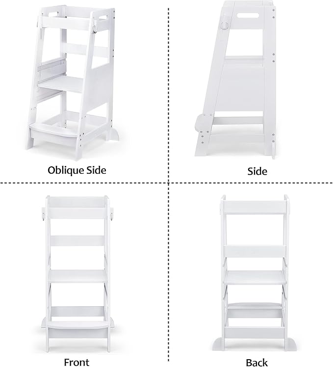 TOETOL Bamboo Toddler Kitchen Step Stool White Helper Standing Tower Height Adjustable with Anti-Slip Protection for Kids Kitchen Counter Learning