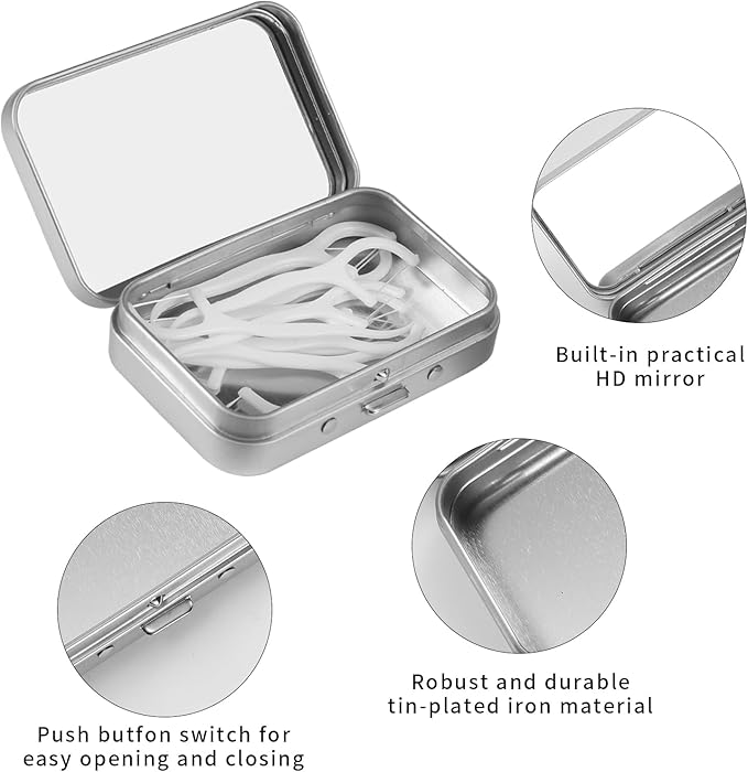 2Pack Bling Dental Floss Cases, Portable & Refillable Floss Pick Holders with Mirror, Gum Container Metal Tin Box Case for Q-tip,Cotton Swab (Silver)