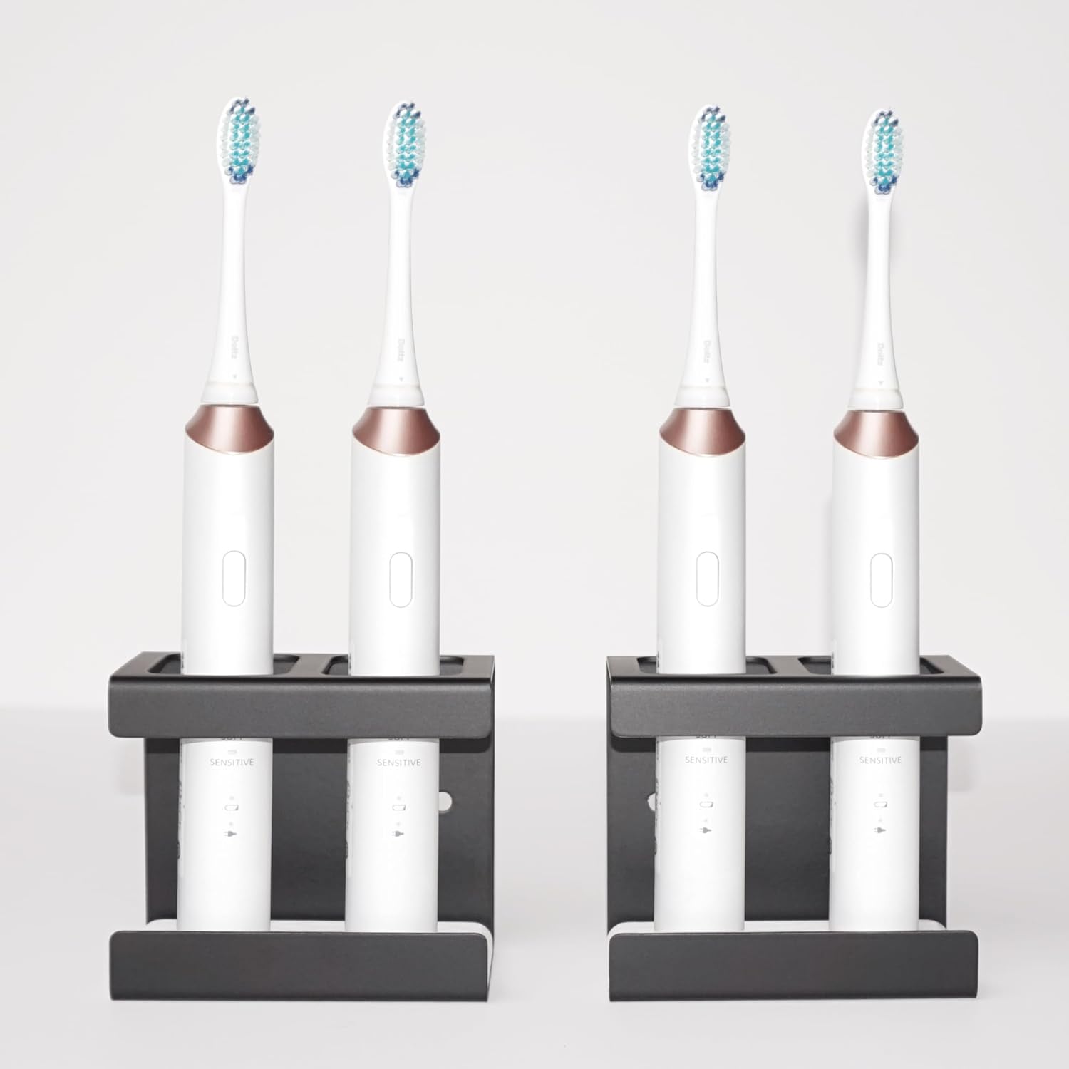 Set of 2 Electric Toothbrush Holder Wall Mounted, 18/8 Stainless Steel Toothbrush Stand with Diatomite Dish, 3M Self Adhesive Toothbrush Storage Rack for Bathroom (Black)
