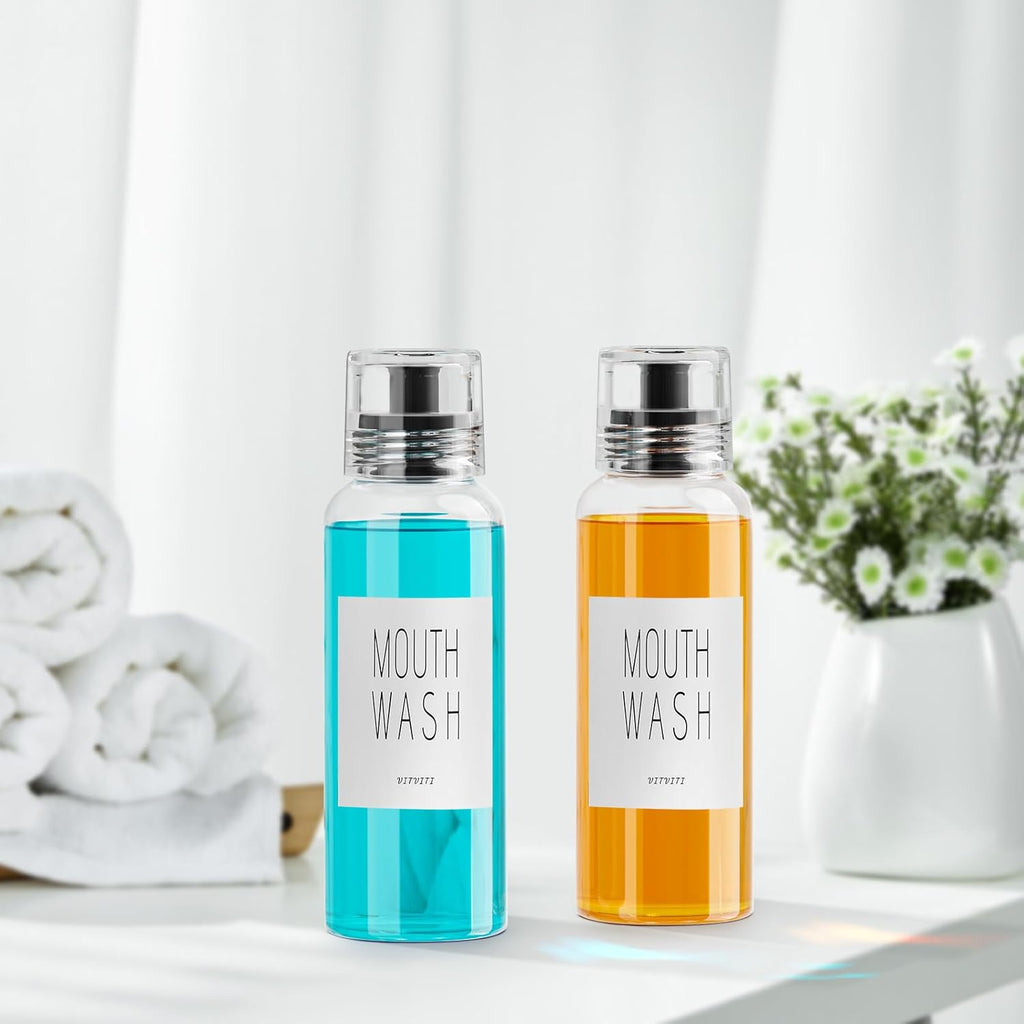 VITVITI Glass Mouthwash Dispenser for Bathroom, 10 OZ Mouth Wash Container Bottle with Lid Cup, Countertop Small Clear Refillable Mouthwash Dispensers Decanter, Set of 2 (Black)