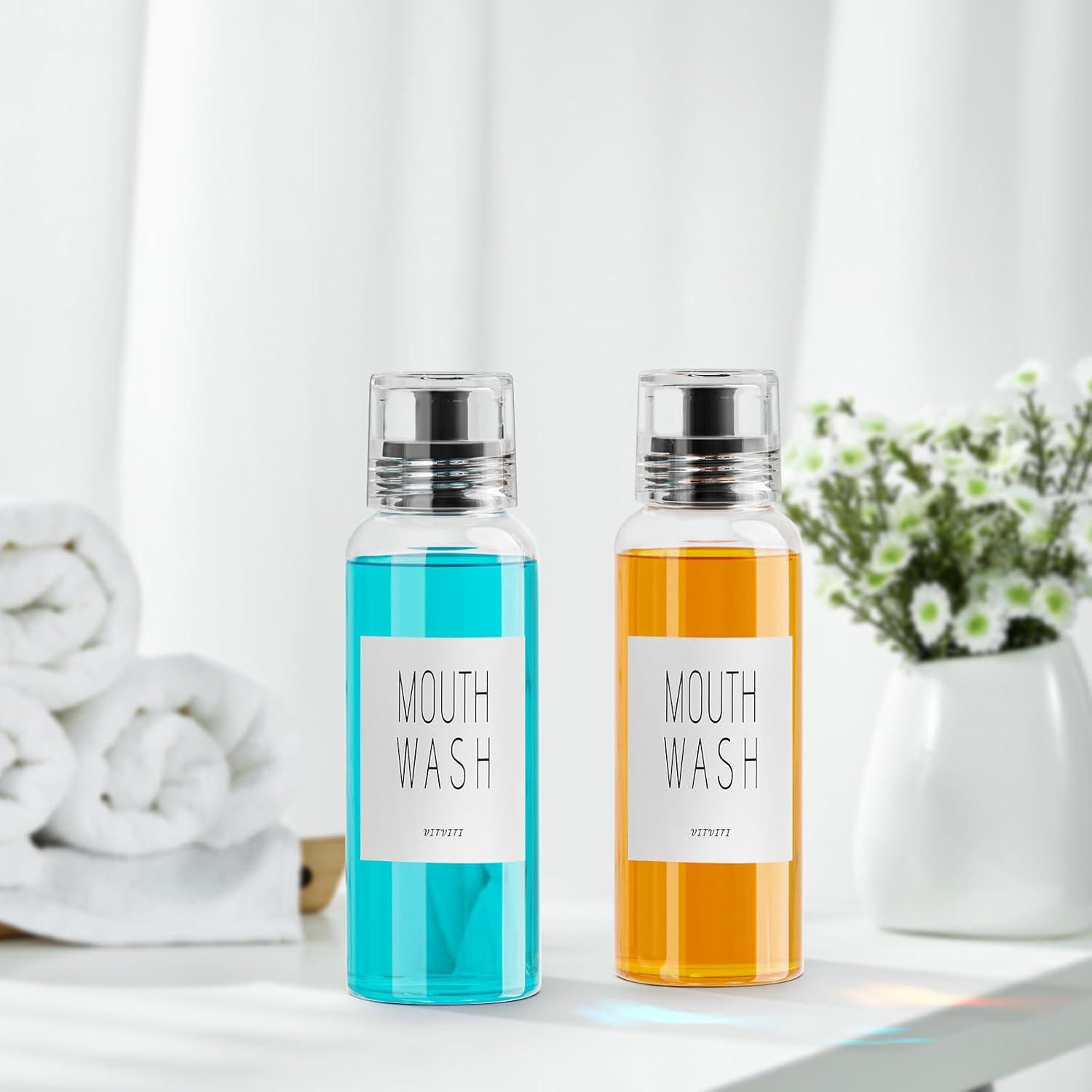 VITVITI Glass Mouthwash Dispenser for Bathroom, 10 OZ Mouth Wash Container Bottle with Lid Cup, Countertop Small Clear Refillable Mouthwash Dispensers Decanter (Black)