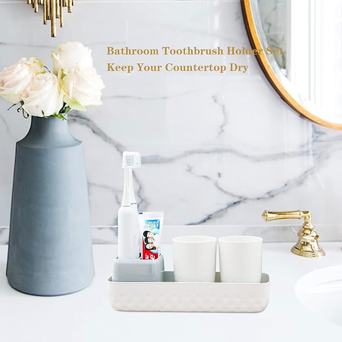 Toothbrush Holders for Bathrooms,Kids Electric Toothbrush Holder with 2 Cups Set,White Tooth Brush Toothpaste Caddy Storage,Small Bathroom Countertop Organizer Stand for Men Farmhouse Family