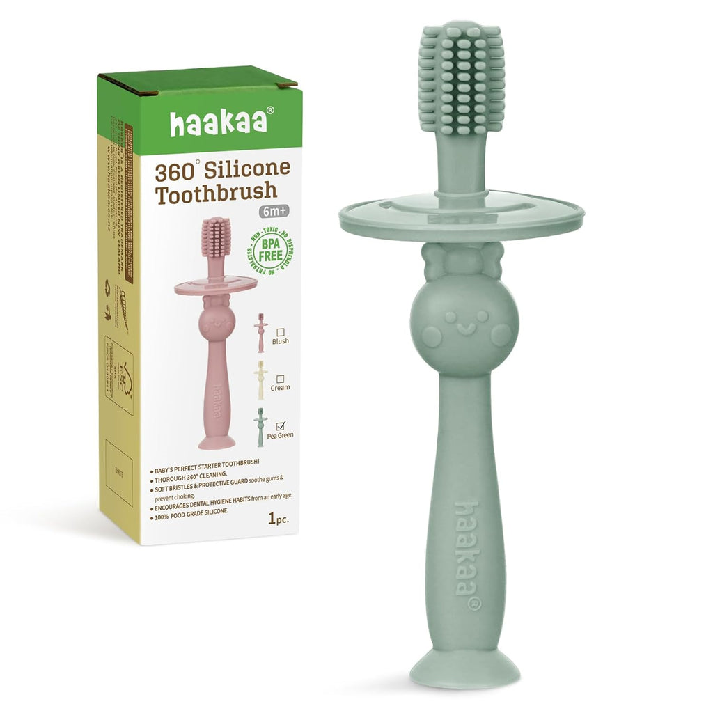haakaa 360° Baby Toothbrush with Suction Base - Gentle Cleaning for Infant Self-Brushing Training, Food-Grade Silicone, Adjustable Safety Shield - Pea Green (1 Piece)