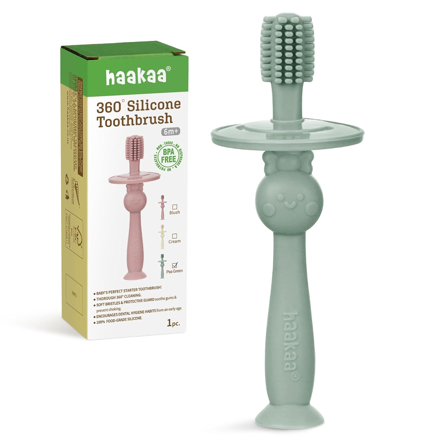 haakaa 360° Baby Toothbrush with Suction Base - Gentle Cleaning for Infant Self-Brushing Training, Food-Grade Silicone, Adjustable Safety Shield - Pea Green (1 Piece)