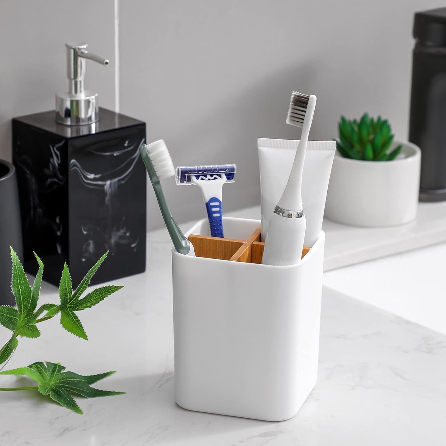 Bamboo Toothbrush Holder for Bathrooms, 4 Slots Toothbrush and Toothpaste Holder Bathroom Counter Organizer for Electric Toothbrushes, Floss, Razors - White