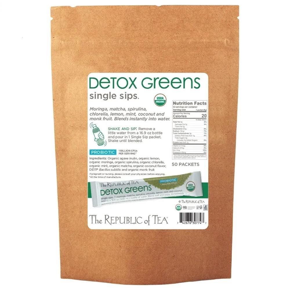 The Republic of Tea Organic Detox Greens Single Sips, 50 Single Sips, Matcha Coconut Lemon Mint