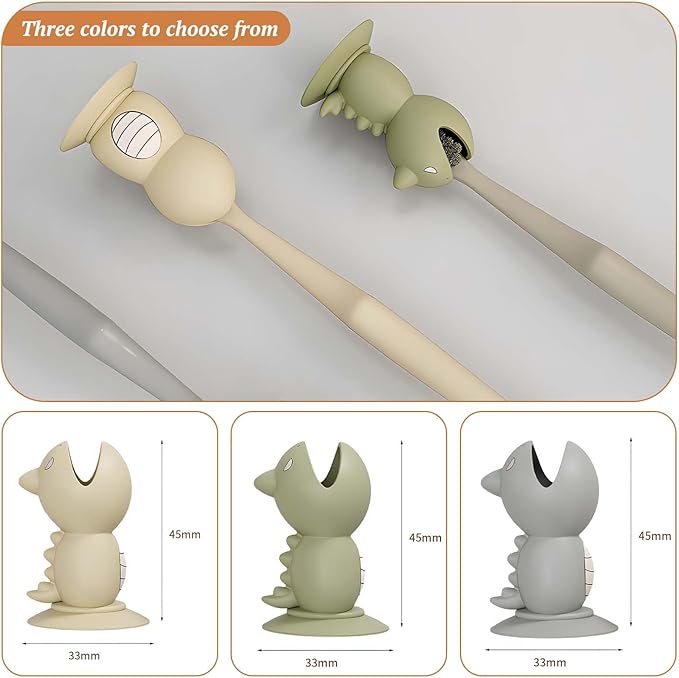 Mini Dinosaur Toothbrush Holder Stand with Suction Cup, Silicone Toothbrush Head Cover, Travel Protector, Bathroom Vanity Organizer for Adults Kids