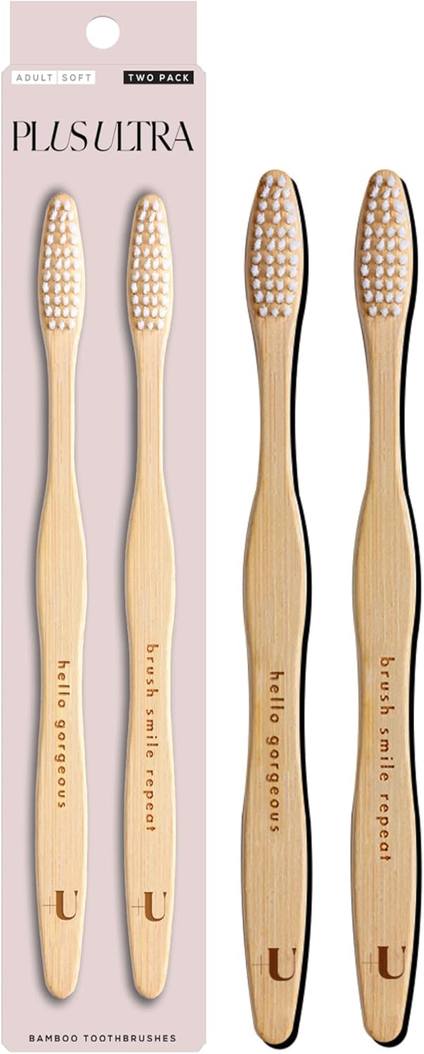 Plus Ultra 2-Pack Bamboo Toothbrush - BPA Free Soft Bristle - Dentist-Approved and All-Natural with Brush Smile Repeat and Hello Gorgeous Etched on Handles