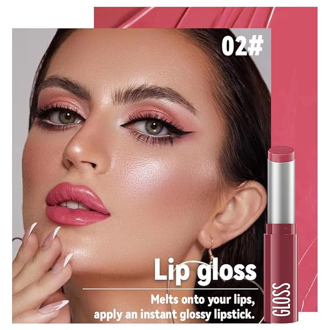 2Pc Butter Lipstick Tinted Lip Balm, Shine Moisturizing Plumper Lipstick for Women, Natural Nourishing Hydrating Lip Gloss Stain for Dry Lips, Lightweight Lip Liner Care Vegan Makeup, 02 & 03