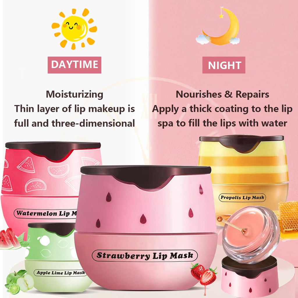Honey+Strawberry+Apple Lime+Watermelon Lip Balm Lip Mask, Moisturizing Lip Sleeping Mask, Hydrate Repair Prevent Dry Cracked Lip (Watermelon+Apple Lime+Strawberry+Honey)