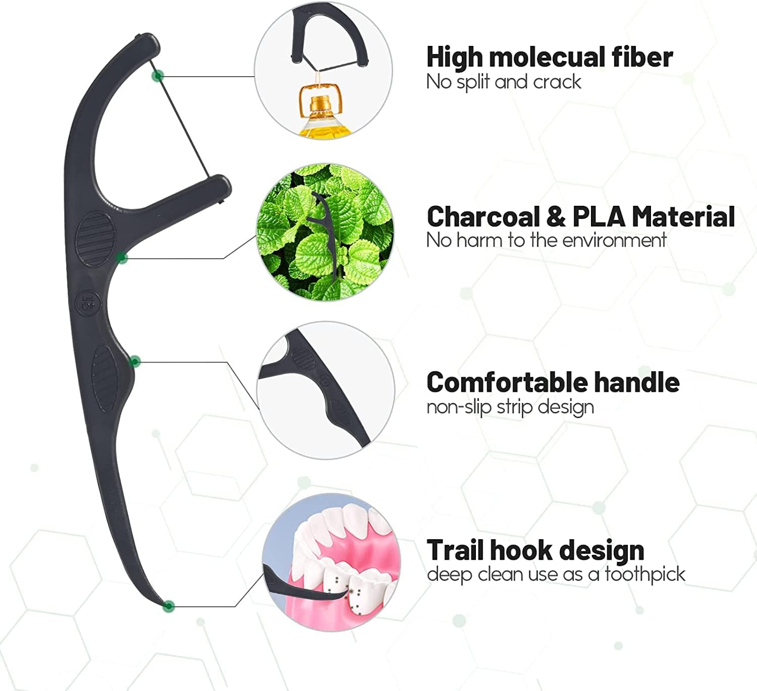 Y-Kelin Natural Dental Floss Picks - Vegan, Eco Friendly Black Bamboo Charcoal Dental Teeth Stick Tooth Pick Toothpick Flosser for Oral Care with a Fresh Feel Minty Flavor (200 Pcs)