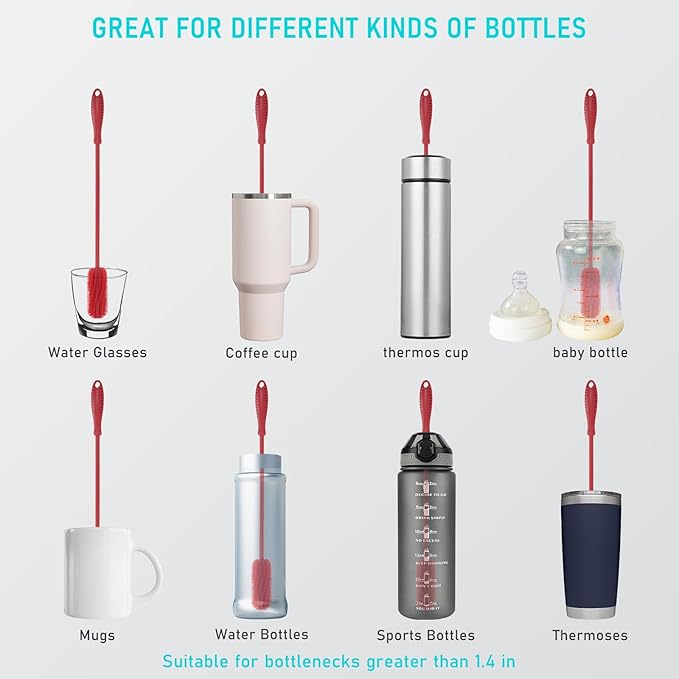 15.7" Silicone Bottle Brush, ddLUCK Water Bottle Cleaner Brush for Stanley, Hydroflasks, Glass, Thermos Sports Bottle, Vase and Glassware, Bottle Brush Cleaner for Small Narrow Neck Containers (Red)