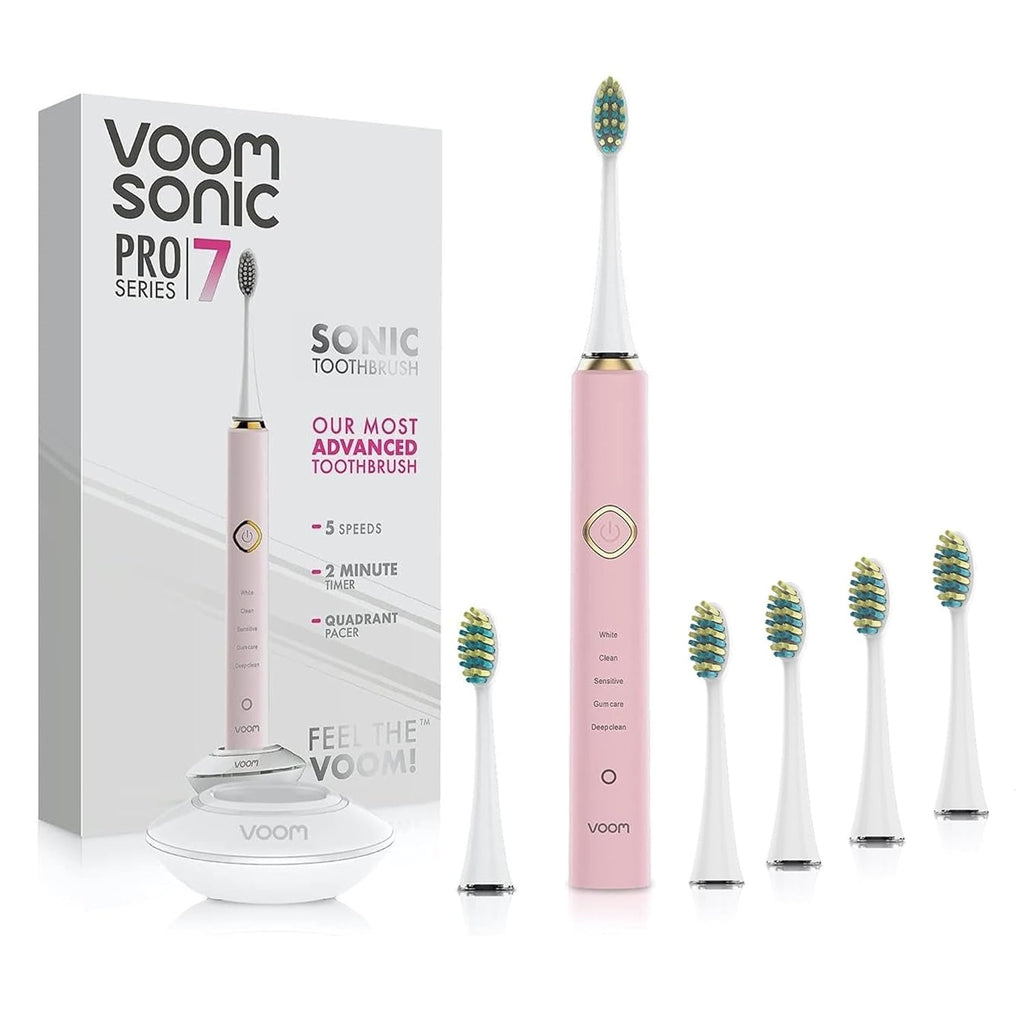 Voom Sonic Pro 7 Rechargeable Electronic Toothbrush + Pro 7 Series Replacement Brush Heads - 2-Minute Timer with Quadrant Pacing & 5 Adjustable Speeds,Soft Dupont Nylon Bristles Oral Care - Pink