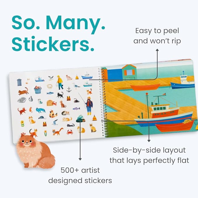 Cupkin Hello Cats Sticker Book Activity for Kids, Toddler Airplane Travel Essentials, 500+ Stickers for Kids 12 Scenes + Coloring Book Pages, Cat Gift Girls and Boys, Children's Crafts Ages 2-8