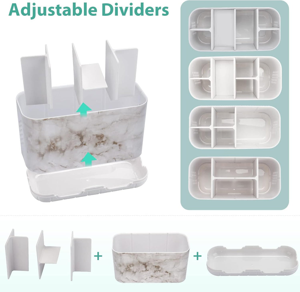 Boperzi Electric Toothbrush Holder for Bathroom Organizer Countertop, Detachable Anti-Slip Toothpaste Storage Caddy 6 Slots White Marble with Drainage Holes for Makeup Brush Razor Stand