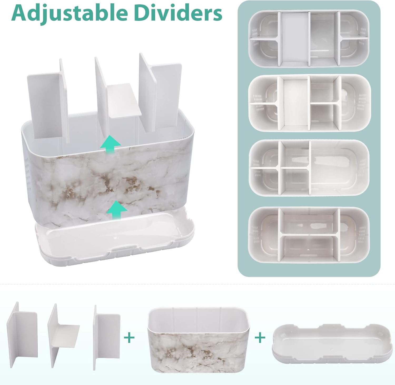 Boperzi Electric Toothbrush Holder for Bathroom Organizer Countertop, Detachable Anti-Slip Toothpaste Storage Caddy 6 Slots White Marble with Drainage Holes for Makeup Brush Razor Stand