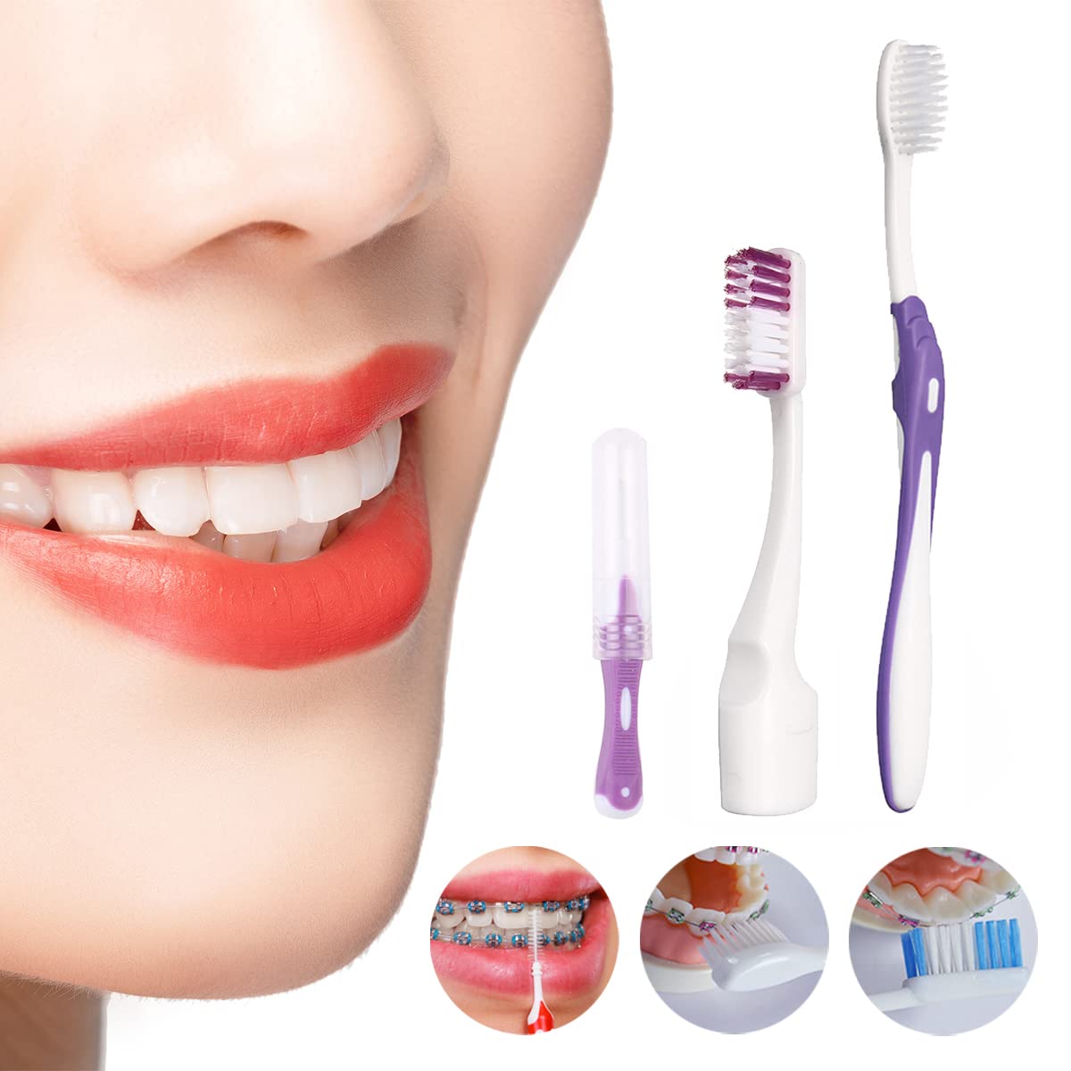Braces Cleaning Kit for Teeth, Portable Orthodontic Toothbrush Kit Oral Care Dental Travel Kit - Interdental Brush Dental Wax Dental Floss Toothbrush Box (Purple B)
