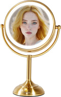 VESAUR 8.5'' Large Gold Lighted Makeup Mirror, 1X/10X Clear Seamless Magnifying Mirror, Bright Vanity Mirror with 3 Colors Dimmable Lights, Two-Sided 360°Rotation Stable Base, Luxury Nickel, Gift Box