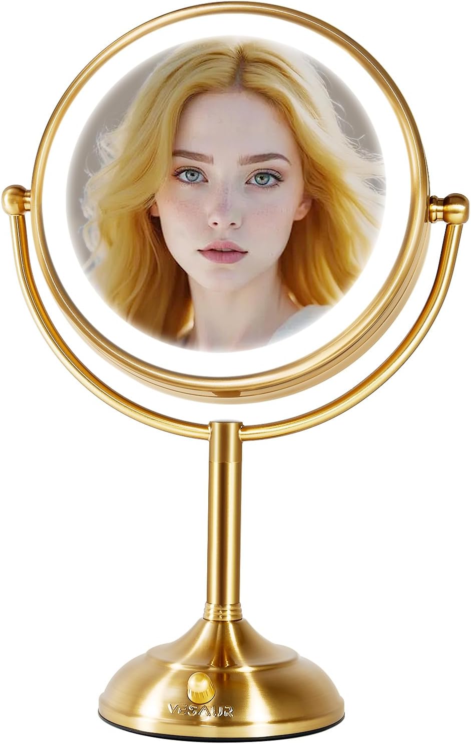 VESAUR 8.5'' Large Gold Lighted Makeup Mirror, 1X/10X Clear Seamless Magnifying Mirror, Bright Vanity Mirror with 3 Colors Dimmable Lights, Two-Sided 360°Rotation Stable Base, Luxury Nickel, Gift Box