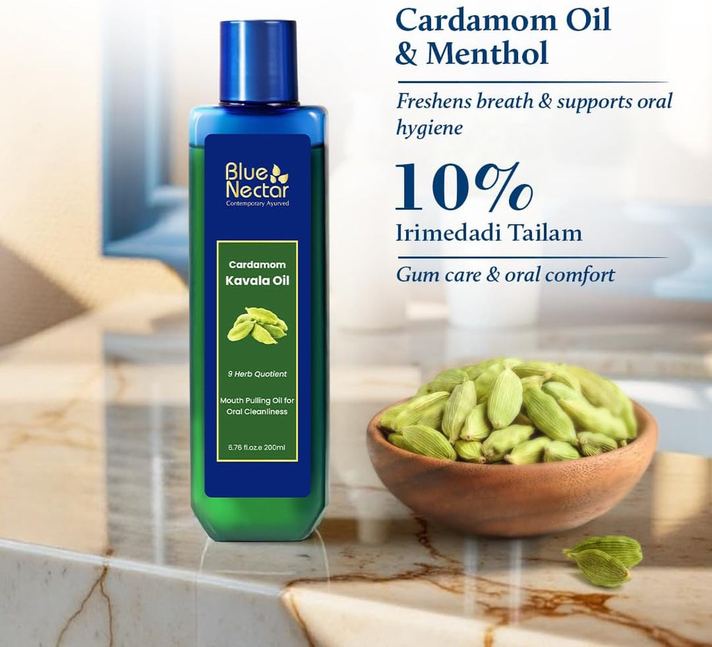 Blue Nectar Cardamom Mint Oil Pulling for Mouth | Ayurvedic Mouth Freshener & Mouthwash | Natural Pulling Oil for Cool Fresh Breath & Daily Oral Care (9 Herbs, 6.76 Fl Oz)