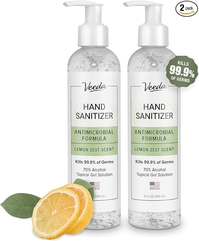 Veeda Scented Hand Sanitizer with Lemon Zest Scent - Moisturizing Clear Gel with Vitamin E & Antimicrobial Formula- Contains 70% Ethyl Alcohol - Hand Sanitizer Travel Size, Made in USA (2 x 8 oz. fl)