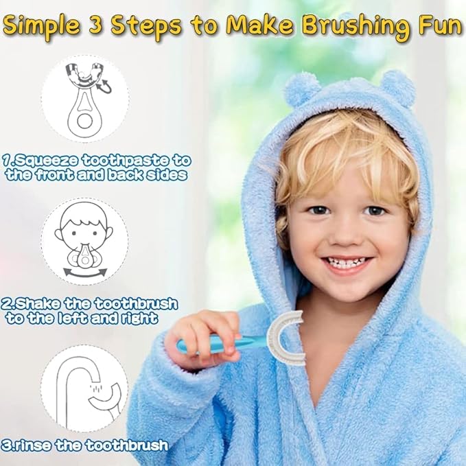 YOTEE U-Shaped Toothbrush Kids 2 PCS - Toddler Toothbrush with Food Grade Soft Silicone Brush Head, Manual Whole Mouth Tooth Brush for Kids Age 6-12(Purple+Yellow)