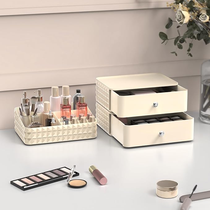 Makeup Organizer for Vanity, Stackable Cosmetics Organizer and Storage, Cosmetic Display Cases with 2 Drawers and 1 Tray for Makeup Brush, Hair Accessories, Lipstick and Jewelry, Beige