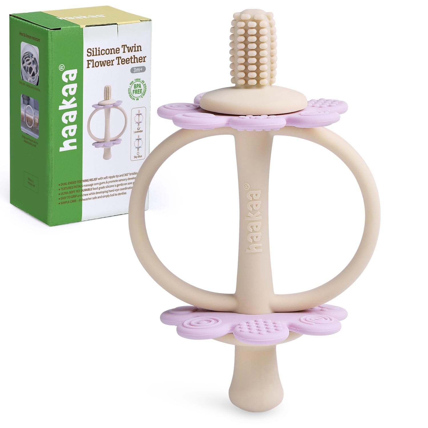 haakaa Silicone Twin Flower Teether,Nipple-Shaped End for Gum Massage,360° Baby Toothbrush Head for Self-Brushing Training,Easy to Grip - Lavender