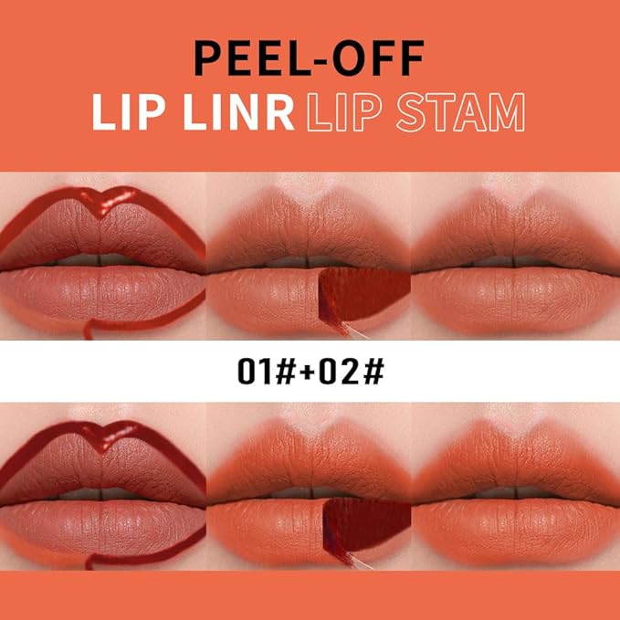 Matte Lip Liner Peel Off Lip Stain, Long Lasting Peel Off Lip Liner Stain, Peel-off Lip Gloss For All Skin Types, Transfer-proof Highly Pigmented Color Waterproof, (01#+02#, Pack of 2)