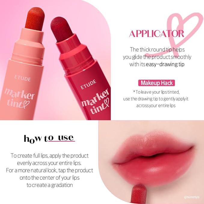 ETUDE Dear Darling Marker Tint #1 Raspberry Pop (5g) | Hydrating & Long Lasting Lip Stain | High Pigmented Lip Maker with Easy Drawing Tip | Korean Daily Lip Tint, Korean Makeup, Kbeauty