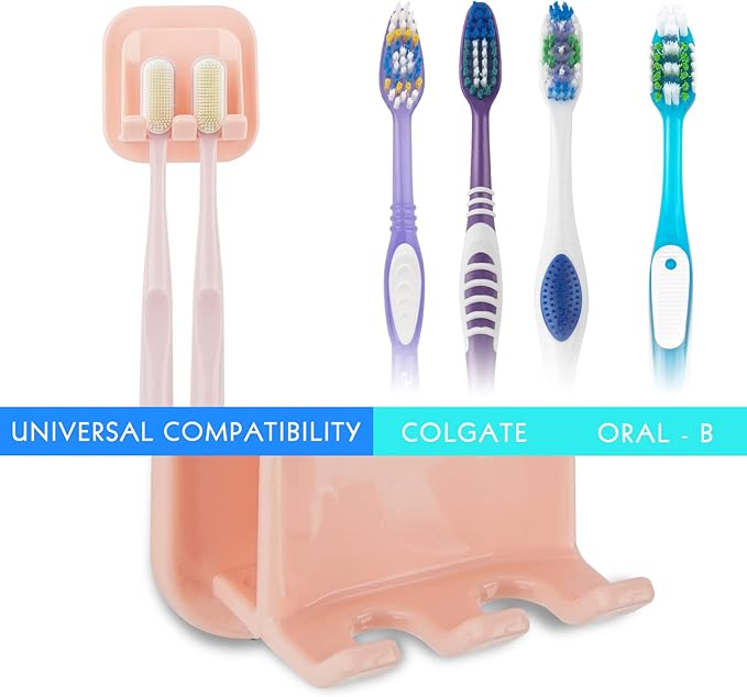 2 PCS Self-Adhesive Toothbrush Holders Wall Mounted, Water Proof Toothbrush Hook, 2 in 1 with Toothbrush Hanger and Gargle Cup Holder for Bathroom Shower (Pink)