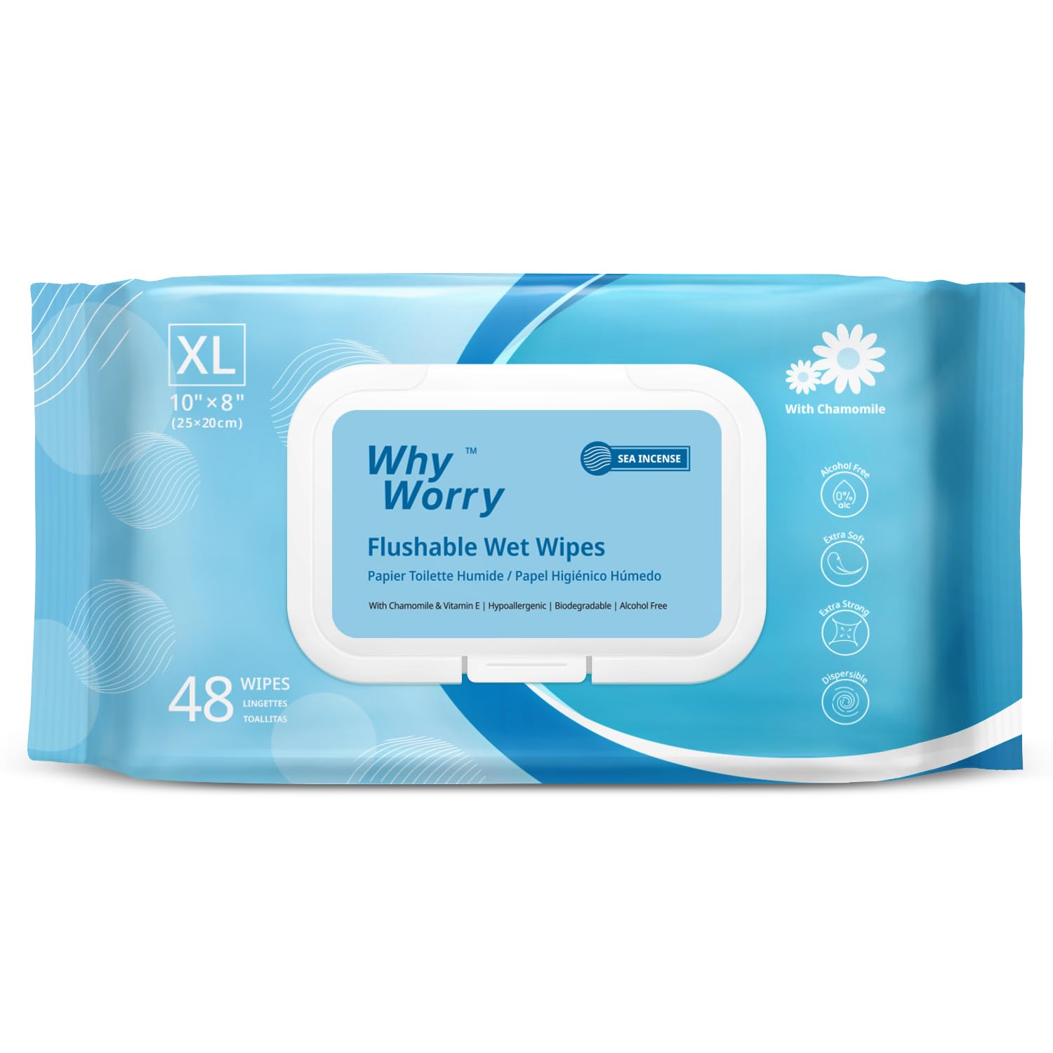 WhyWorry Flushable Wipes for Adults, Extra Large 8"x10" Butt Wipes for Toilet & Personal Cleansing, with Chamomile and Vitamin E, 100% Plant-Based, Septic & Sewer Safe, Sea Incense, 48 Count