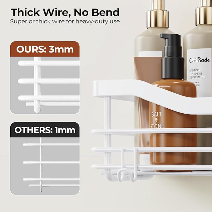 Orimade Shower Caddy Basket Shelf Storage Rack, No Drilling Wall Mounted Adhesive Rust Proof Stainless Steel Shower Organizer with 5 Hooks for Bathroom, White 2 Pack