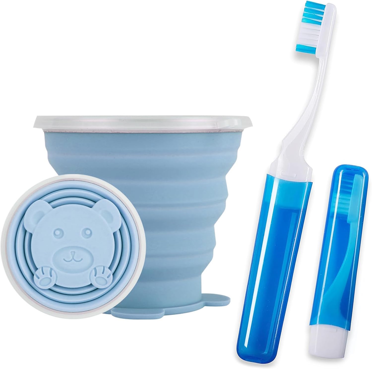 Toothbrush Travel Case, Travel Toothbrush Silicone Collapsible Toothbrush Cup, Travel Toothbrush Set Suitable for Business Camping Travel or Daily Use (Blue)