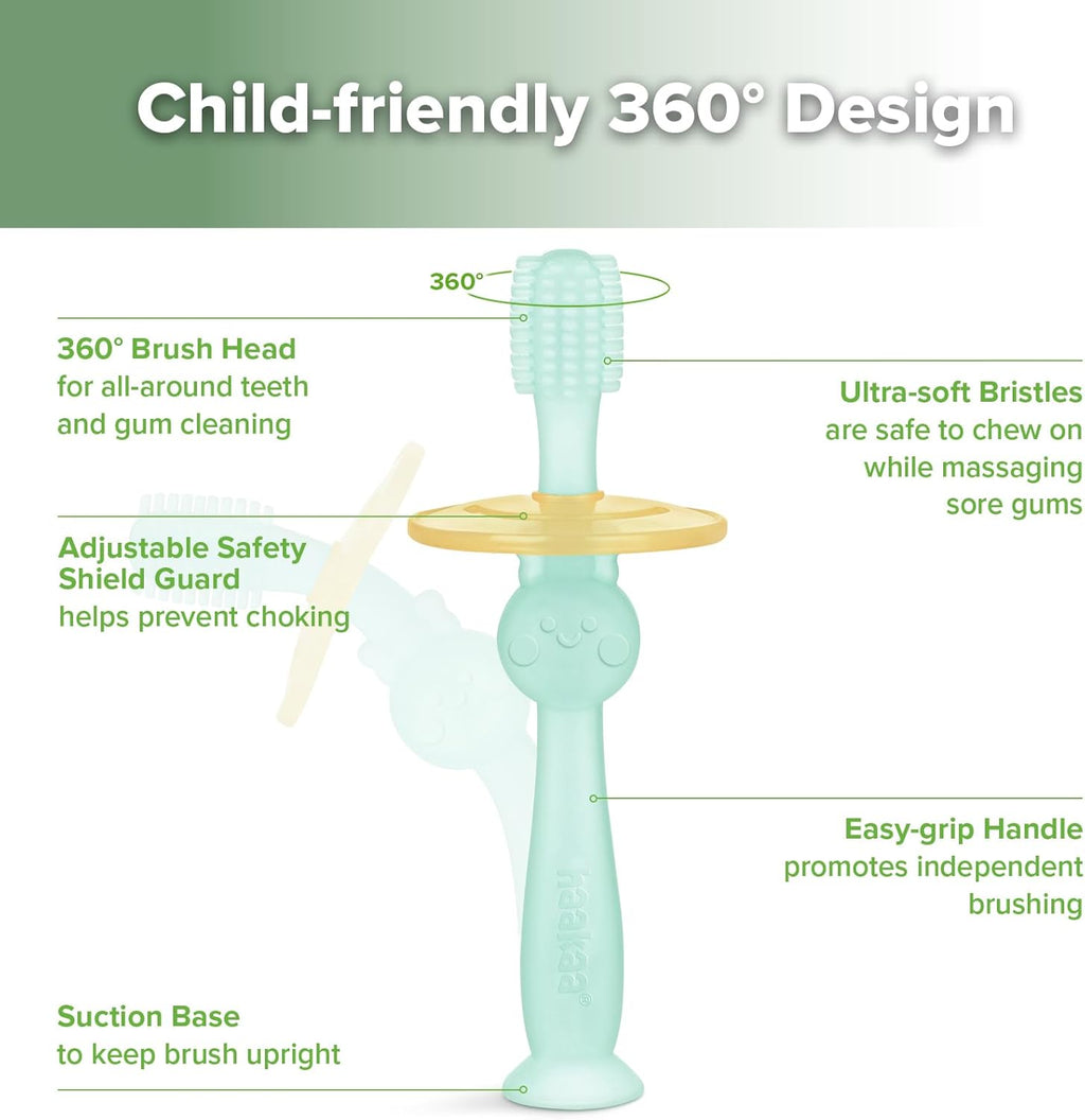 Haakaa 360 Food Grade Silicone Baby Toothbrush - 6M+ With Shield & Base Design, 1pc (Blue)