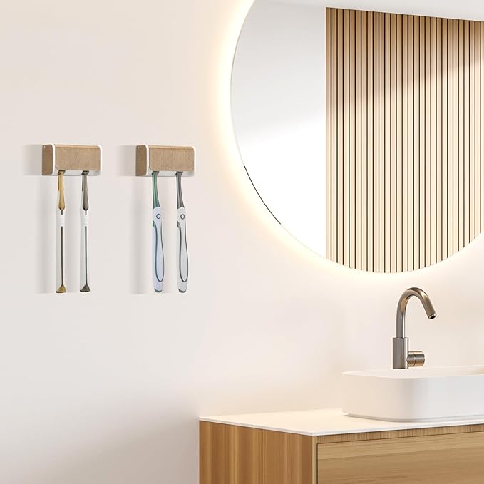 2 PCS Toothbrush Holders Wall Mounted with Cover, Electric Tooth Brushing Holder for Bathroom, 2 Slots Self Adhesive Toothbrush Organizer, Toothbrush Stand for Family, Kids (2, Wood Grain)