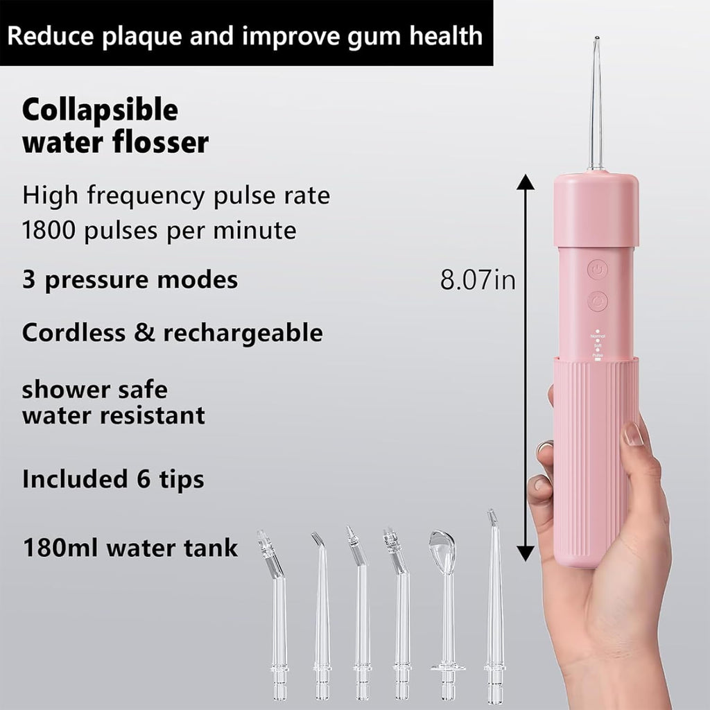 Portable Mini Water Flosser, Oral Irrigator Water Teeth Cleaner Pick with Telescopic Water Tank,3 Modes & IPX7 Waterproof, Home & Travel (Pink)