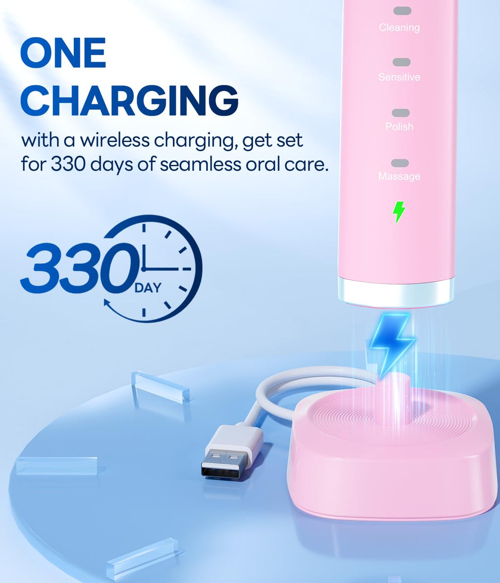 Bymore Electric Toothbrush for Adults,Travel SonicToothbrush with 8 Replacement Heads, Ultra Clean RechargeableToothbrush Portable Electric Toothbrush-Dark Pink