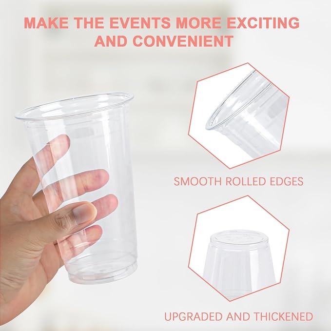 300 Pack 16 oz Clear Plastic Cups, Disposable Plastic Coffee Cups No Lids, Cold Drinking Cup, PET Crystal Clear Cup Bulk, 16 oz Drinkware for Travel, Office, Home