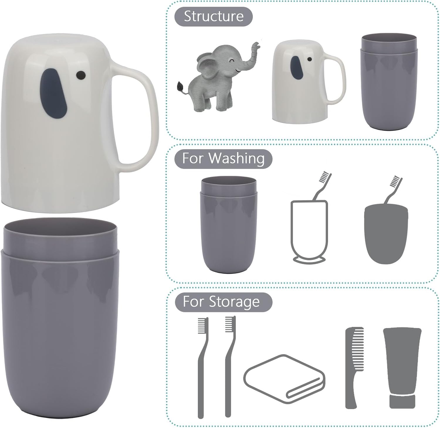 Toothbrush Travel Case, Removable and Portable Toothbrush Holder Cup, Use for Travel, Hiking,Camping, School, Bathroom, Cute and Playful Elephant Styling for Kids and Teens (White)